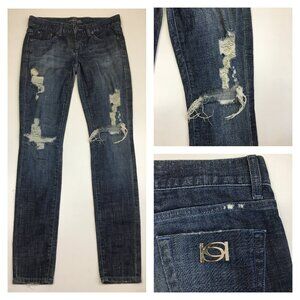 BEBE Med/Dark Wash Distressed SAVANNAH Logo Hardware 5 Pocket Jeans
